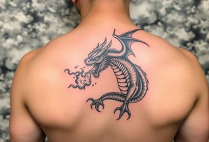 fierce dragon breathing iridescent fire against stormy skies tattoo idea