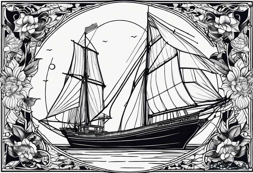 bateau, phare maritime, phoenix, rose des vents et lune bleu. tattoo idea