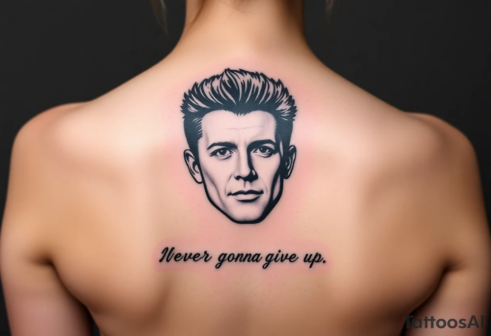 Rick Astley's Face outline with text Never Gonna Give You Up tattoo idea