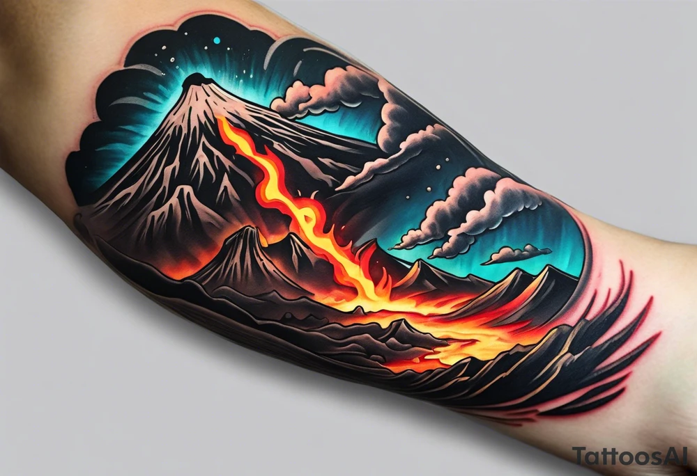 Draw a sketch of a volcanic eruption tattoo as a bracelet on the arm, in a realistic style with lava flowing from it, without a cartoon style and few colors tattoo idea