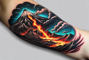 Draw a sketch of a volcanic eruption tattoo as a bracelet on the arm, in a realistic style with lava flowing from it, without a cartoon style and few colors tattoo idea