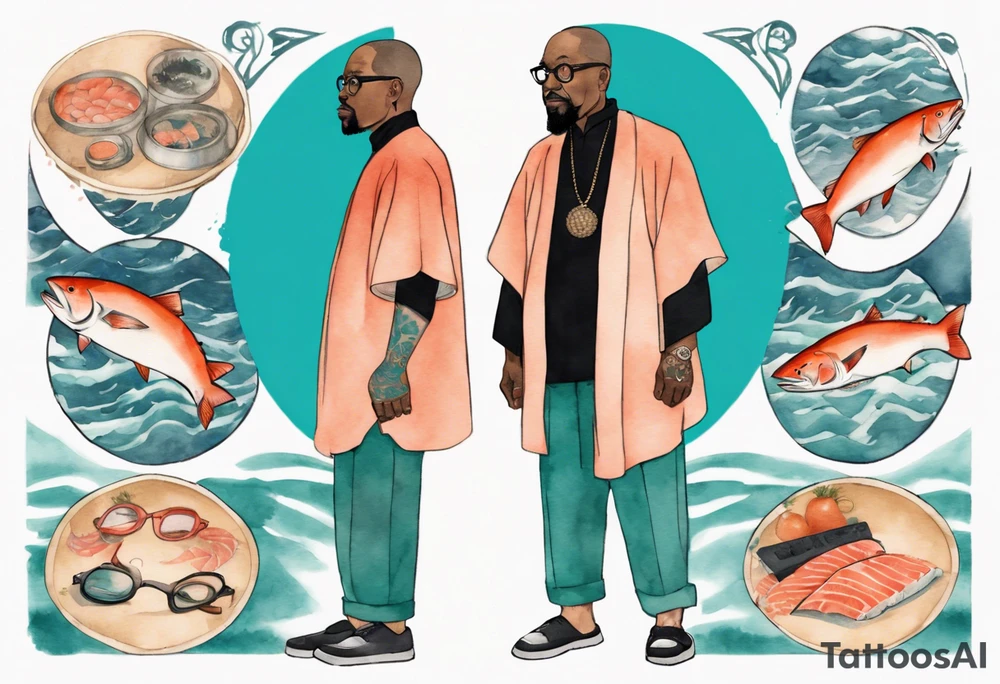 a 50-year-old black man wearing salmon and teal cloak and round glasses standing by a pool filled with salmon tattoo idea