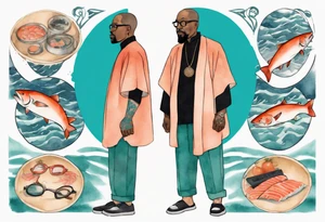 a 50-year-old black man wearing salmon and teal cloak and round glasses standing by a pool filled with salmon tattoo idea
