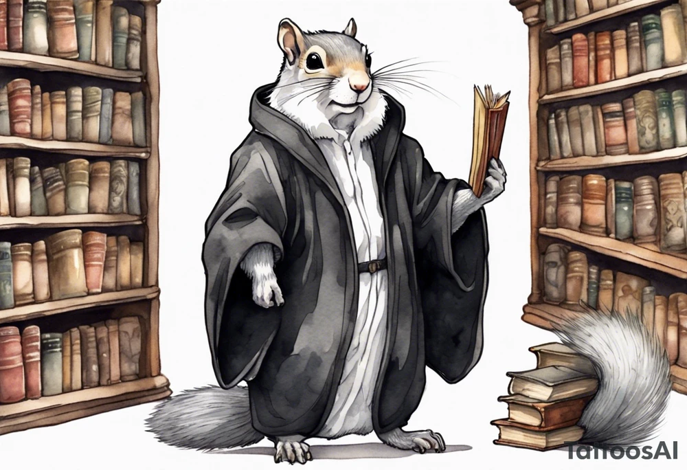 an elderly grey squirrel with a white beard and mustache wearing a black robe and wire-rimmed glasses standing in an ancient library tattoo idea