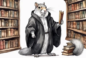 an elderly grey squirrel with a white beard and mustache wearing a black robe and wire-rimmed glasses standing in an ancient library tattoo idea