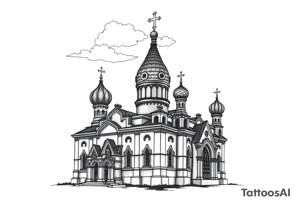 highly detailed Russian Orthodox cathedral with onion domes and orthodox crosses, done in fine line, engraving-like style. Cohesive composition, black ink only, no color, high contrast, slightly aged, documentary-style, plain light background. with clouds above it and a virgin mary over looking tattoo idea