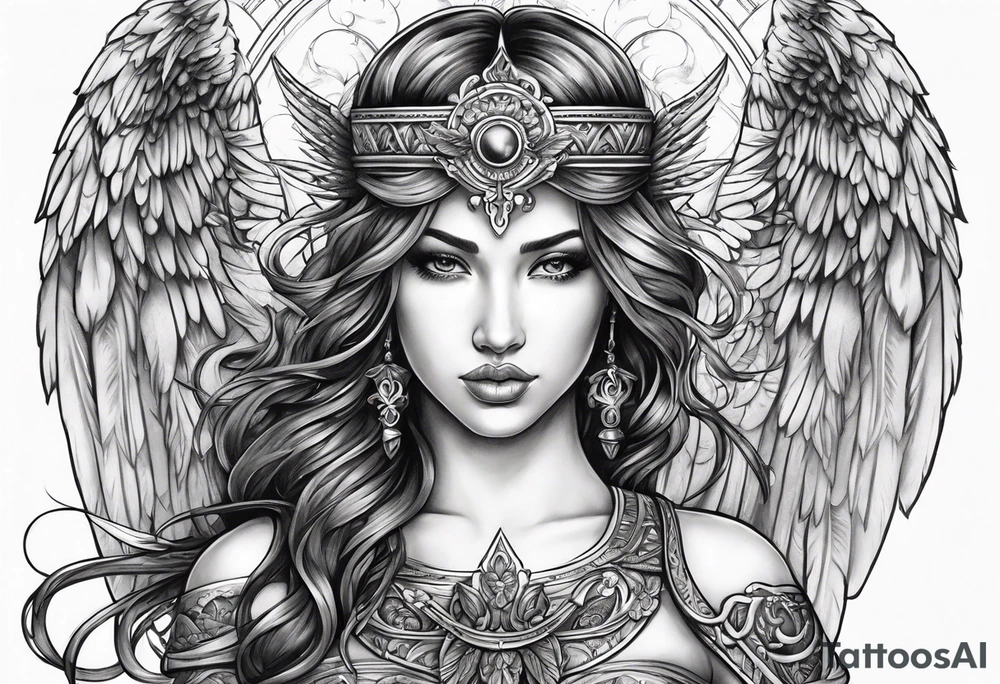 Goddess with sword and angel wing tattoo idea