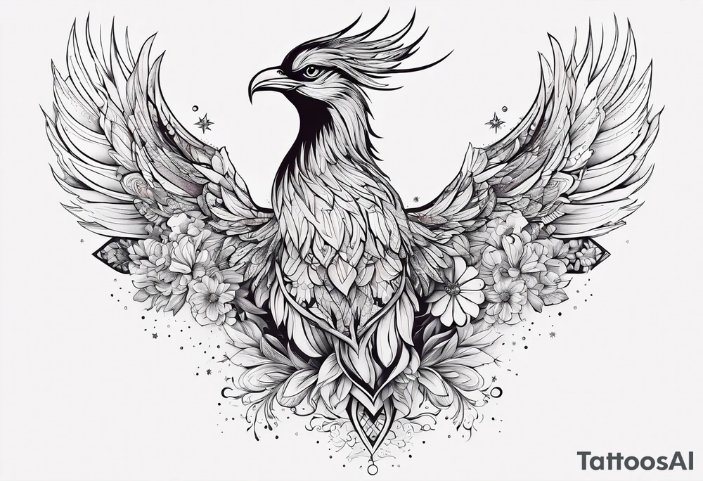 Constellation, animal phoenix , snow , géométric , flower tattoo idea