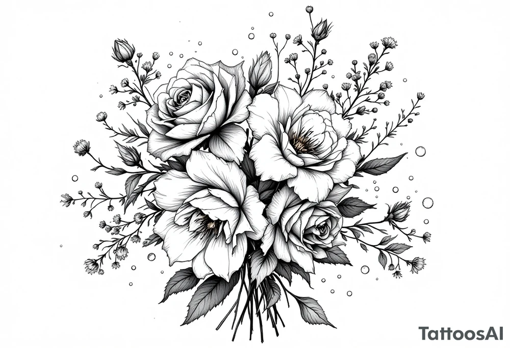 vintage bouquet of wild roses and meadow flowers with morning dew tattoo idea