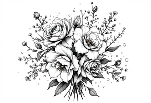 vintage bouquet of wild roses and meadow flowers with morning dew tattoo idea