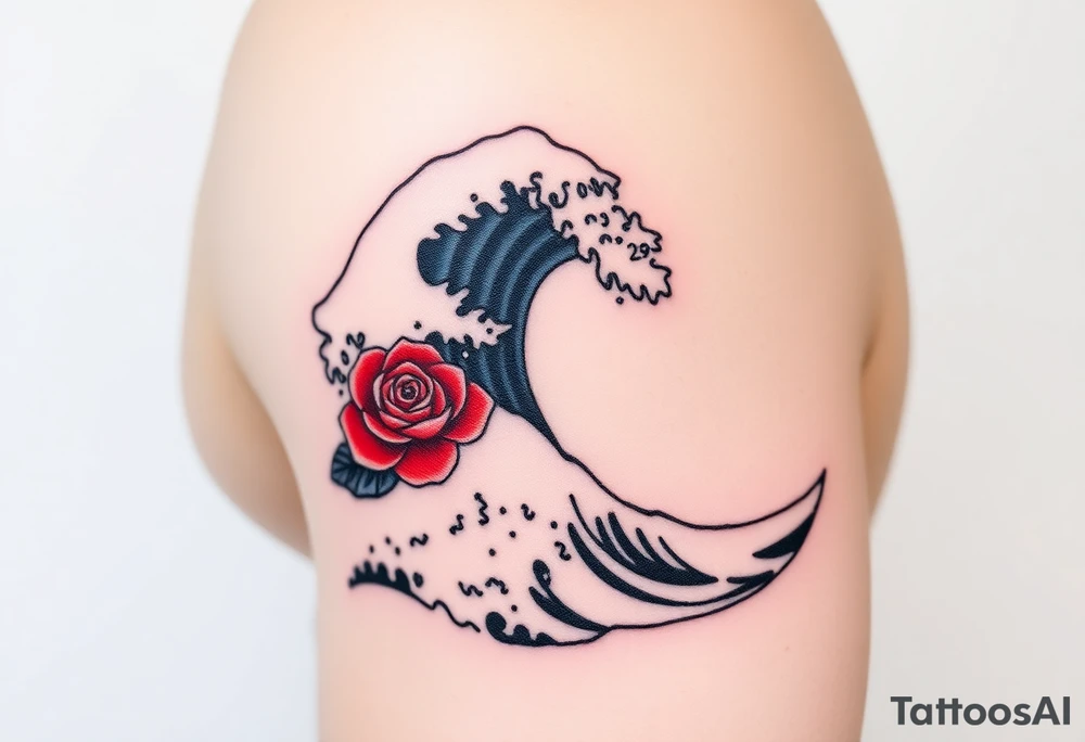 The Great Wave off Kanagawa With a red rose in the curve of the wave tattoo idea