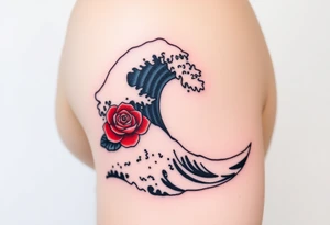 The Great Wave off Kanagawa With a red rose in the curve of the wave tattoo idea