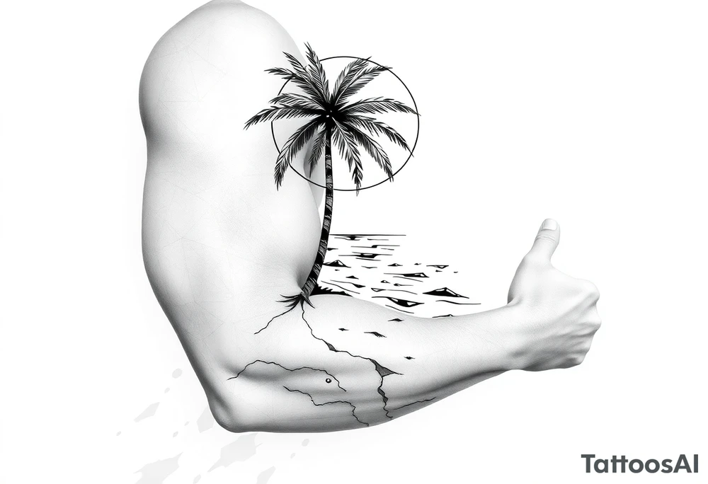fine line, peaceful, serene, timeless, ocean, sand, palm tree, sun tattoo idea