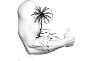 fine line, peaceful, serene, timeless, ocean, sand, palm tree, sun tattoo idea
