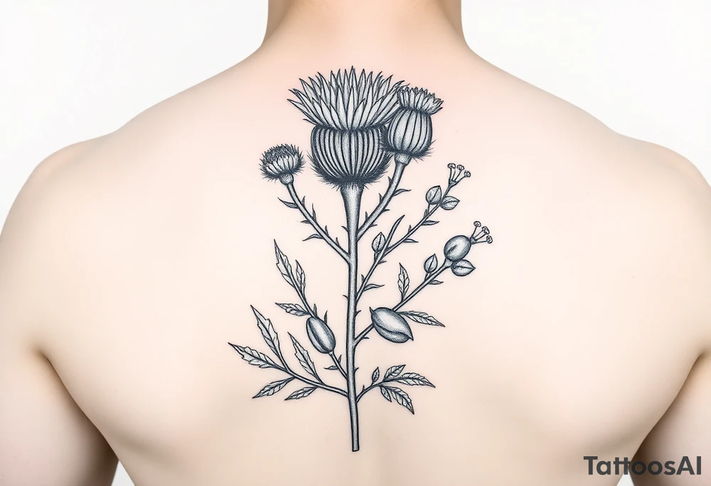 hybrid botanical drawing of scottish thistle, olive branch/olive, and cat nip for a wrap around wrist tattoo tattoo idea