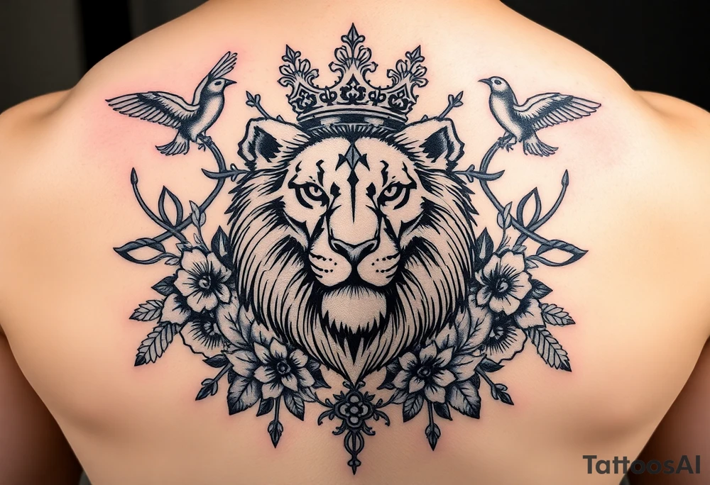 powerful majestic lion with a crown, surrounded by floral ornaments and birds tattoo idea
