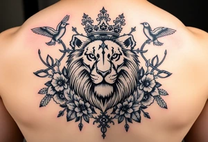 powerful majestic lion with a crown, surrounded by floral ornaments and birds tattoo idea