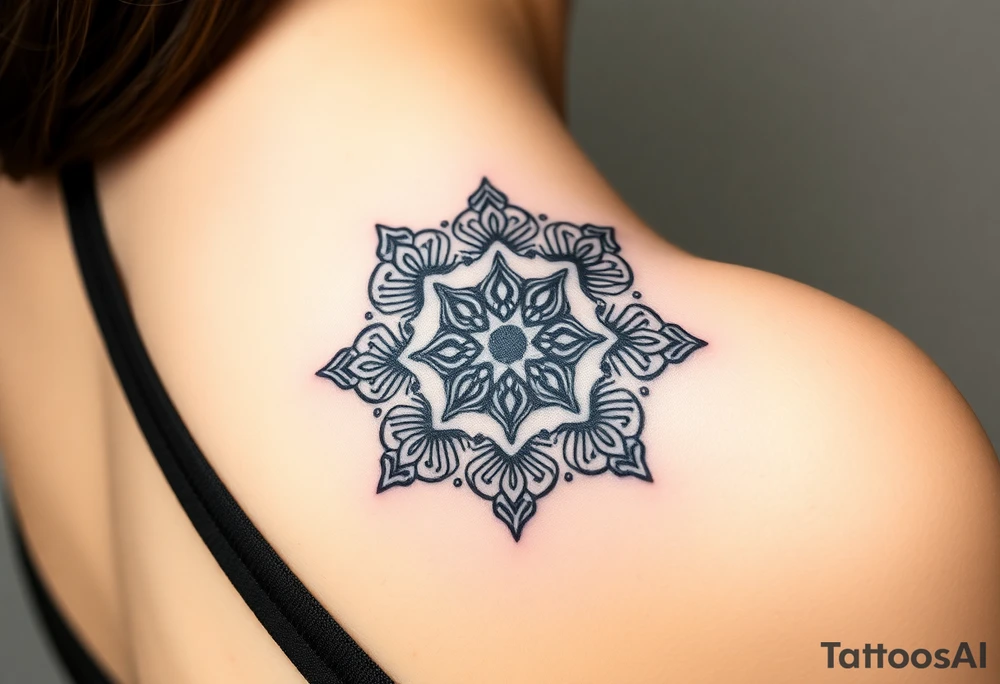 A detailed mandala style tattoo with a 5-petal Symbolic placement for each family member. Two bottom petals for my husband and I at the base, intertwined floral patterns like mirrored vines or spiral paisleys representing our identical twins, and another petal for my oldest son. Details like the Gemini zodiac symbol,  feminine-yet-bold linework, Detailed dotwork, linework, and geometric accents around each petal, Interconnected elements to reflect family unity tattoo idea