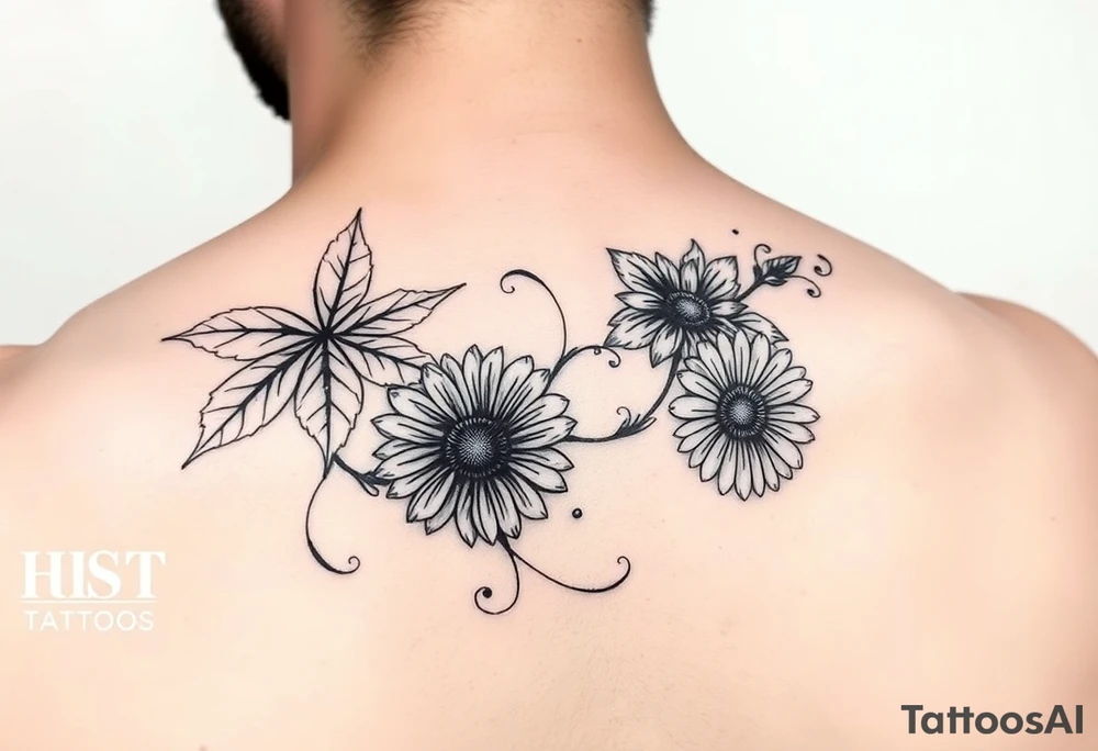 Maple leaves and gerbera daisies connected with thin swirly lines tattoo idea