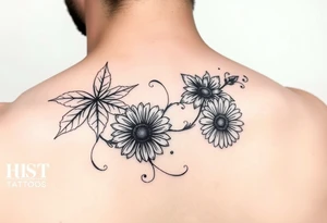 Maple leaves and gerbera daisies connected with thin swirly lines tattoo idea