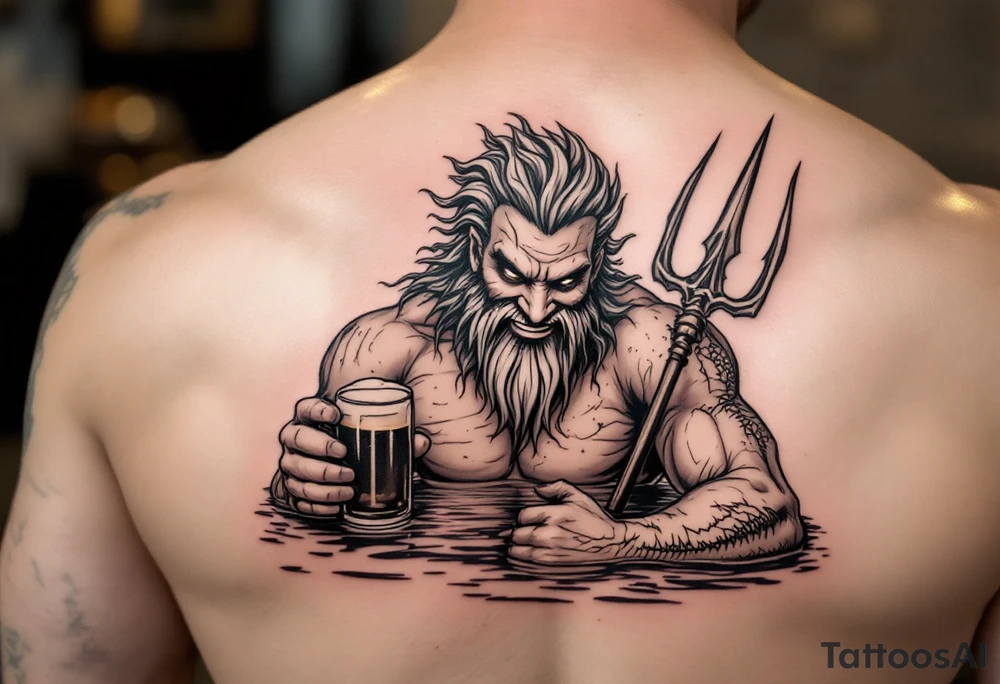 smiling poseidon, with a trident, in calm water, holding a beer tattoo idea