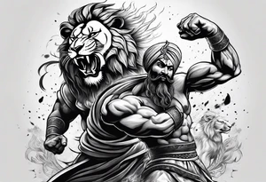 Sikh warrior fighting a lion with full anger tattoo idea