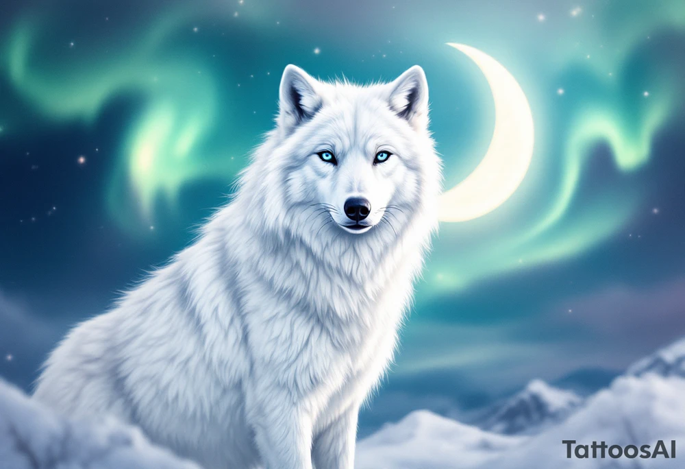 White arctic wolf with piercing blue eyes standing beneath a soft glowing crescent moon, with a northern lights sky in green, purple, and teal. tattoo idea