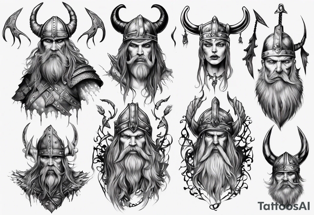 uma bruxa viking com corvos em preto e branco tattoo idea