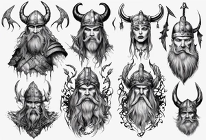 uma bruxa viking com corvos em preto e branco tattoo idea