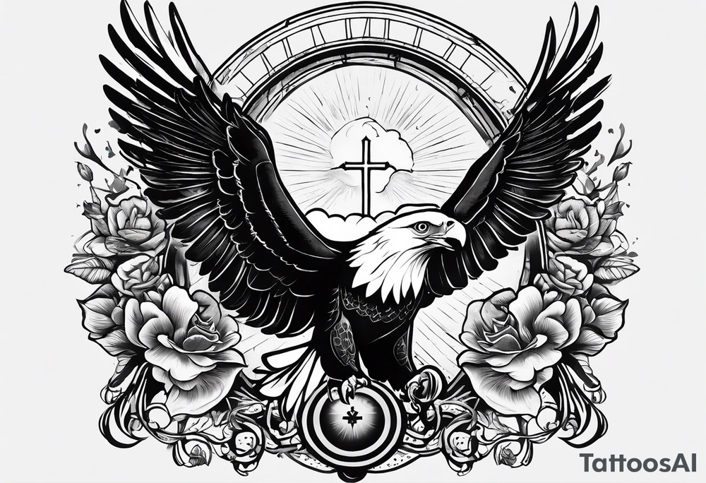idea of pain for glory in life, discipline and catholic religion. Tattoo on the back with an eagle , 2 doves and fish tattoo idea