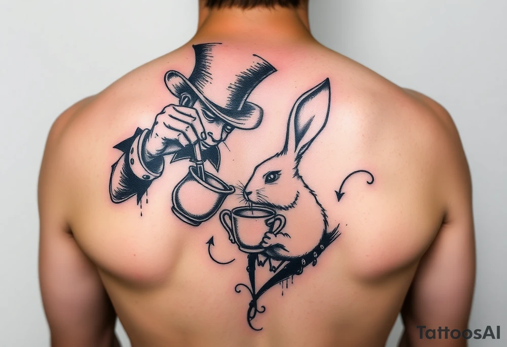 The mad hatter pouring a cup of 
tea into the white rabbits head tattoo idea