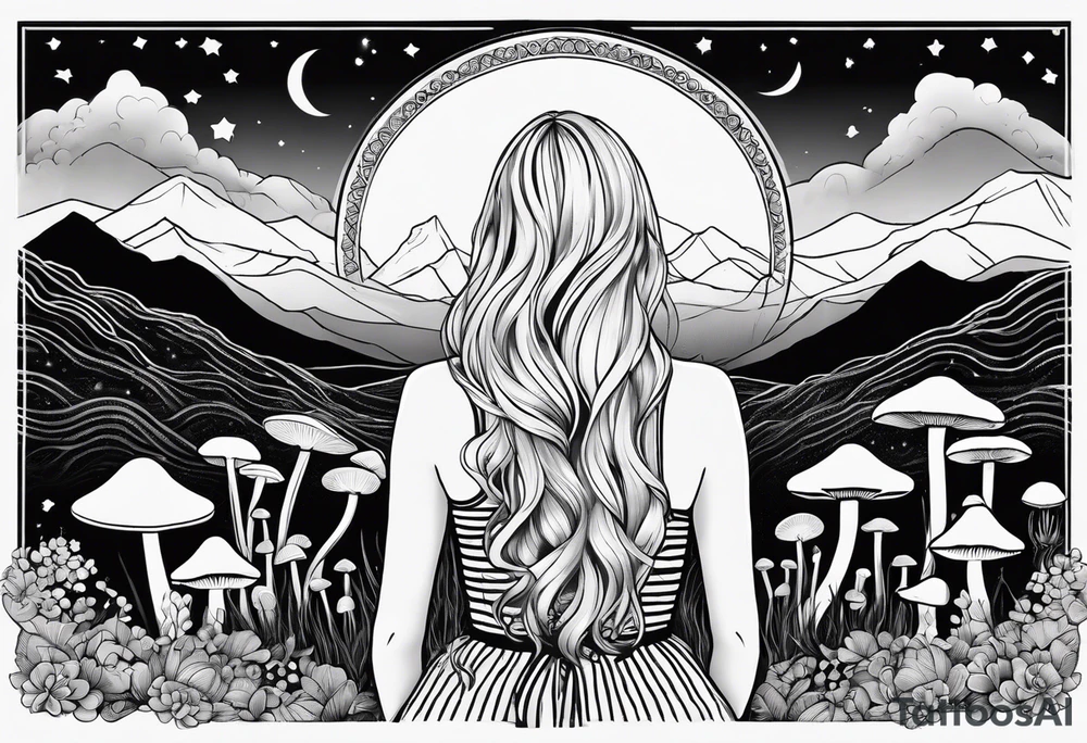 Straight blonde hair girl facing away toward mountains surrounded by mushrooms crescent moon mandala circular design black and white striped dress figure 8 tattoo idea