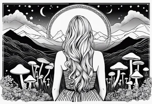 Straight blonde hair girl facing away toward mountains surrounded by mushrooms crescent moon mandala circular design black and white striped dress figure 8 tattoo idea
