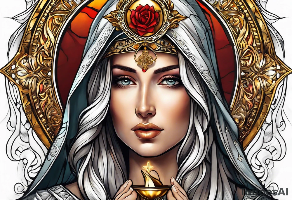 holy saint woman with golden halo holding a chalice tattoo idea