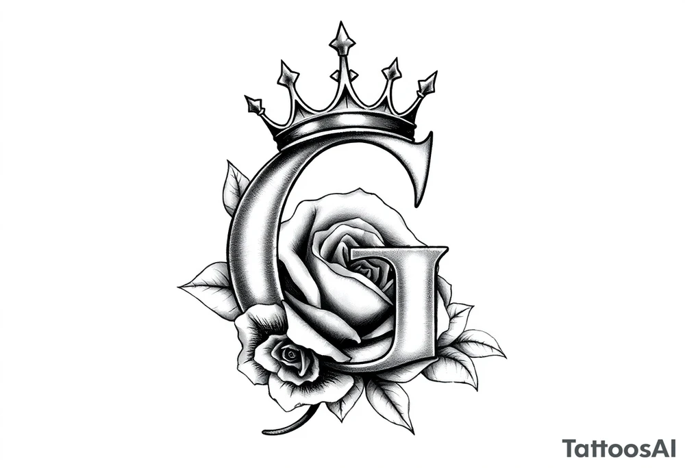 a capital G letter with a crown tilted to the left of it with a rose behind it tattoo idea