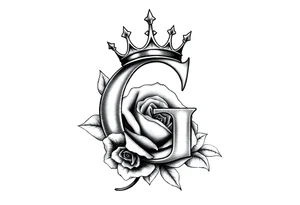 a capital G letter with a crown tilted to the left of it with a rose behind it tattoo idea