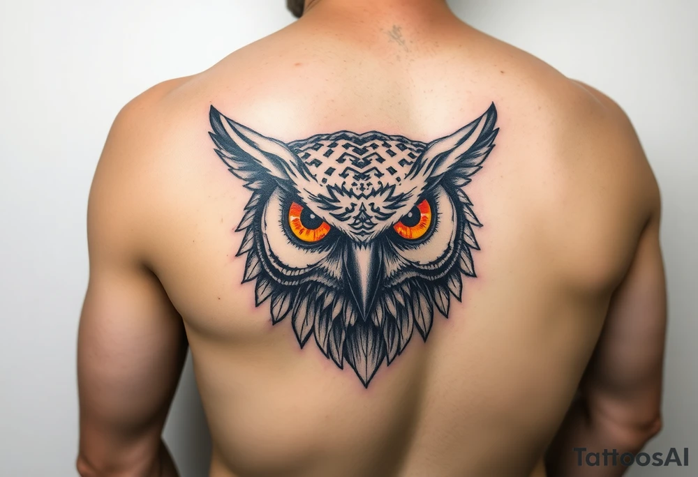 Biomechanics  large colored tripping eye owl head on the forearm tattoo idea