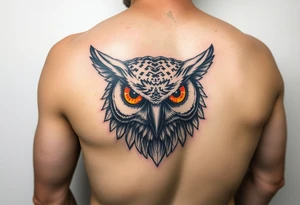 Biomechanics  large colored tripping eye owl head on the forearm tattoo idea
