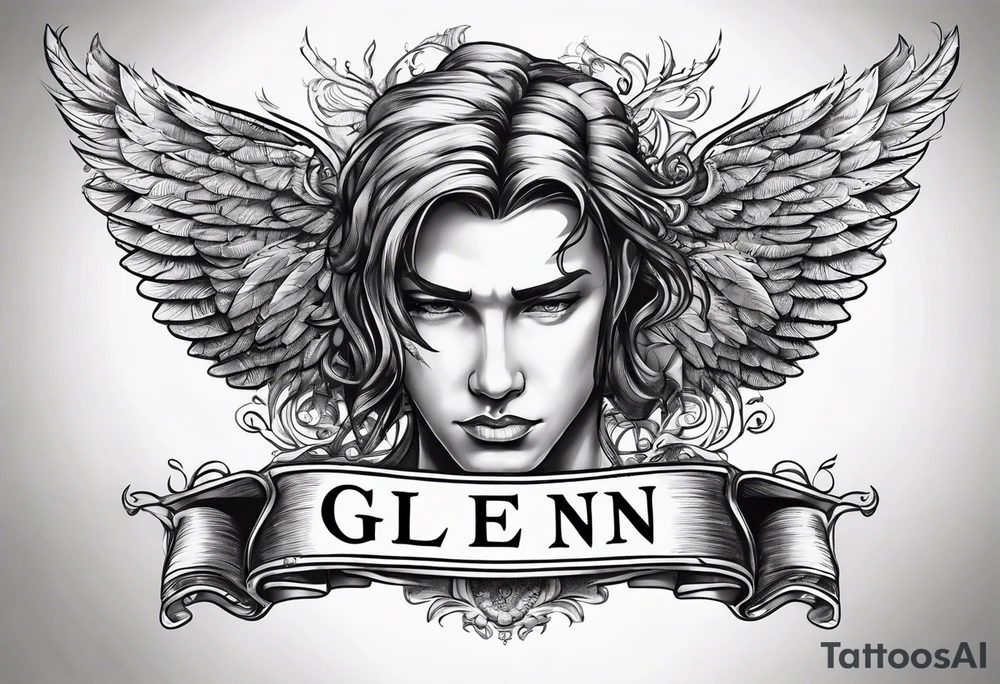 The word Glenn on a banner with angel Wings tattoo idea