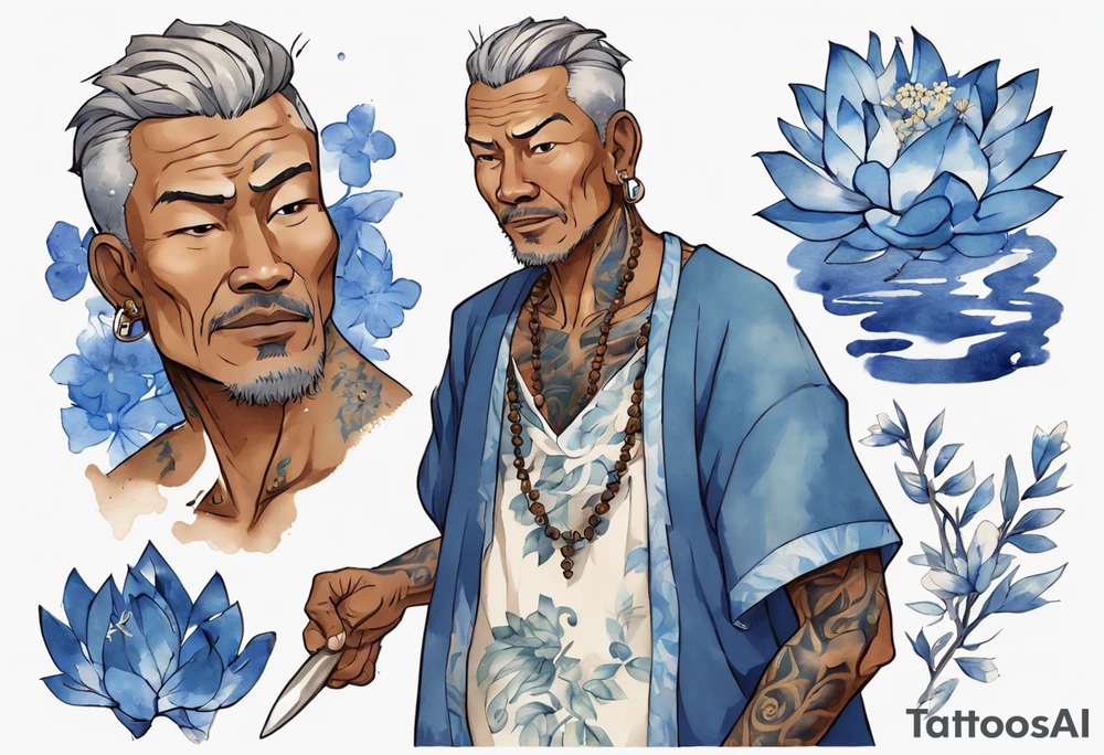 a handsome brown-skinned middle-aged man with short salt-and-pepper hair wearing a blue tunic tattoo idea