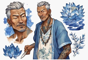 a handsome brown-skinned middle-aged man with short salt-and-pepper hair wearing a blue tunic tattoo idea