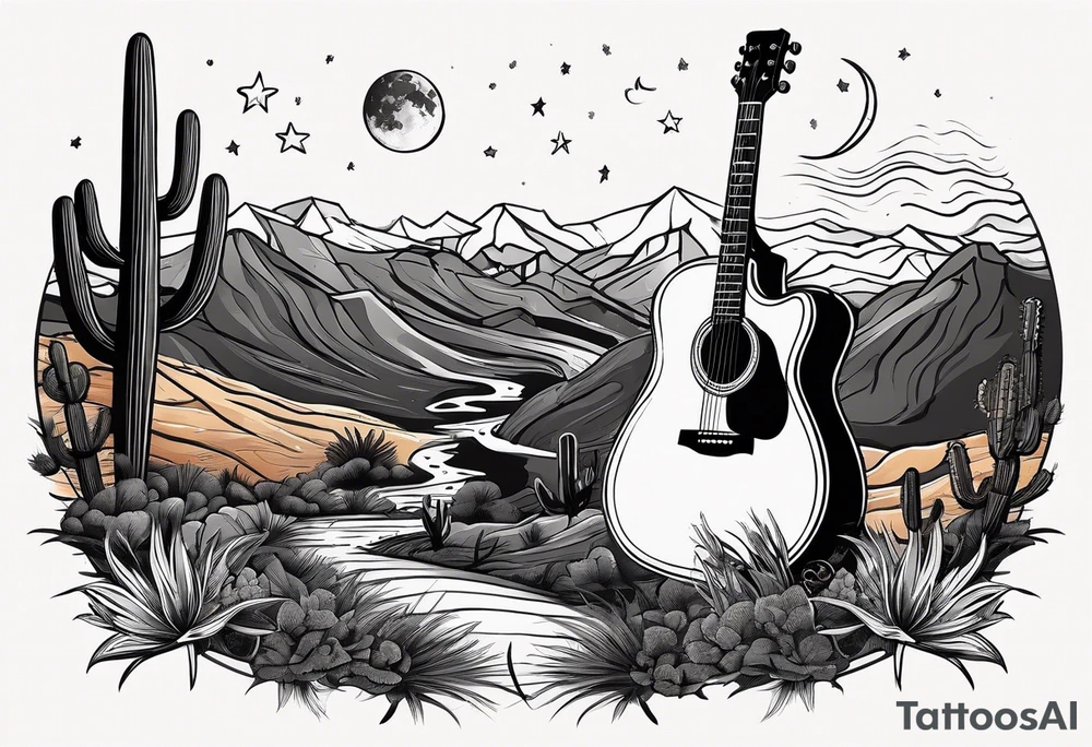 Acoustic Guitar by a campfire with a desert landscape and dirt bike silhouette and a half moon and stars tattoo idea
