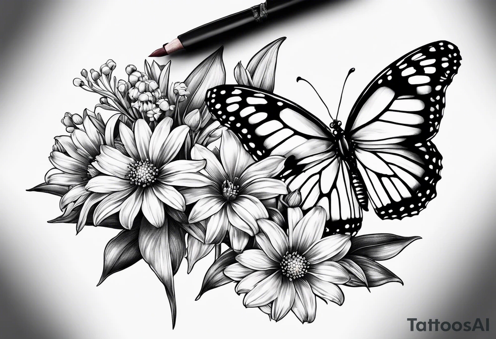 Daisies, lily of the valley, aster, butterfly tattoo idea