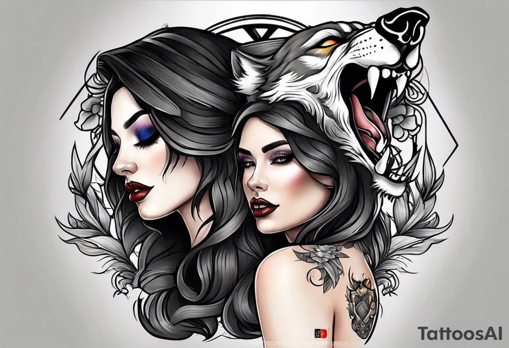 Neo traditional wolf skull on woman’s head tattoo idea
