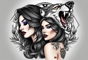 Neo traditional wolf skull on woman’s head tattoo idea