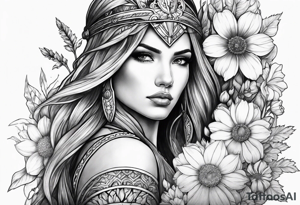 Warrior princess and wildflowers half sleeve tattoo idea