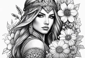 Warrior princess and wildflowers half sleeve tattoo idea