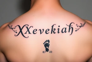 Xevekiah name tattoo, with foot print and date 8/7/23 tattoo idea