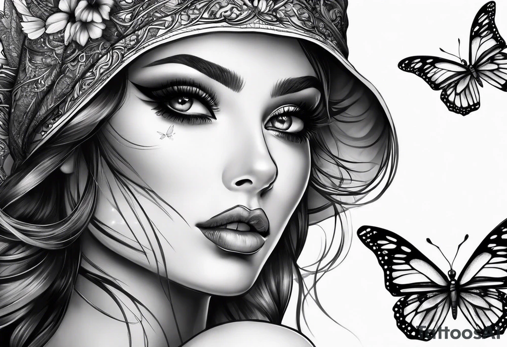 Dark feminine eyes and butterflies tattoo idea