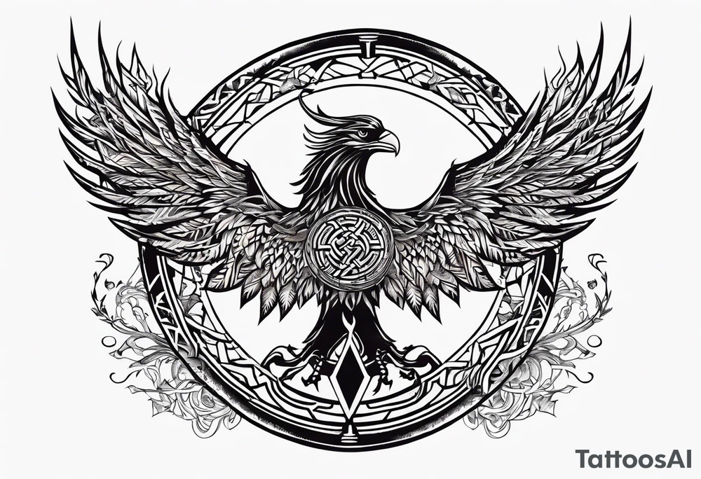 Viking Vegvisir with phoenix wings around it, Viking Valknut, tree of life with roots tattoo idea